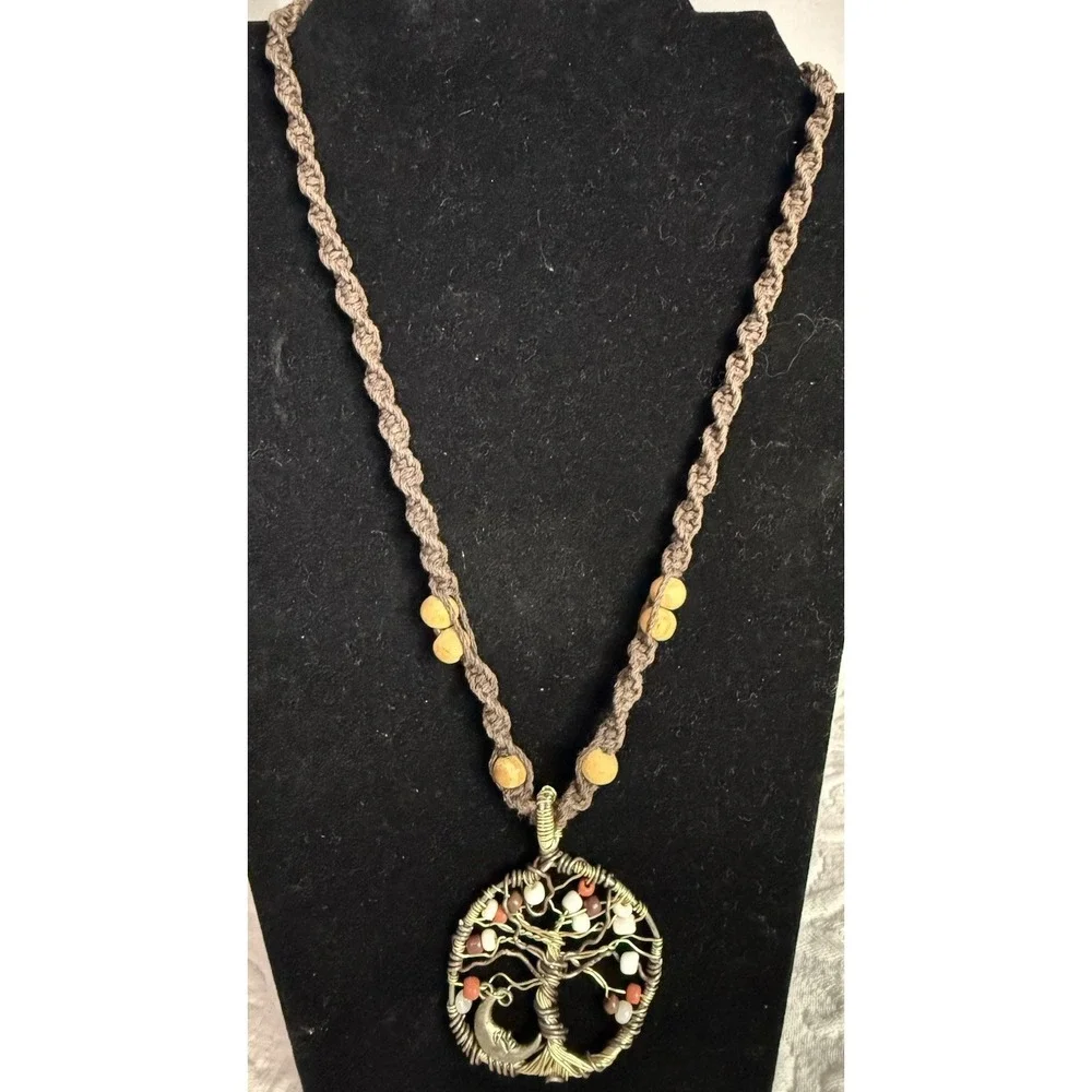 Braided Necklace Cord Wire Wrapped Tree OF Life Charm Unique Button Loop - Picture 1 of 4